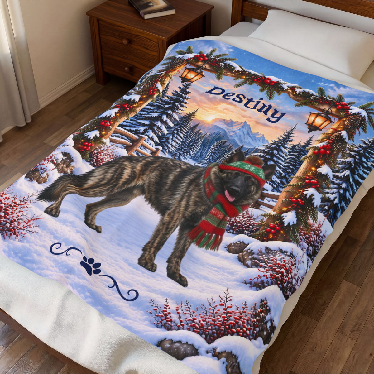 German Shepherd (Brindle Coat) - Personalized Snowy Mountain Blanket, Custom Name Velveteen Throw - MySisterIsAsurvor
