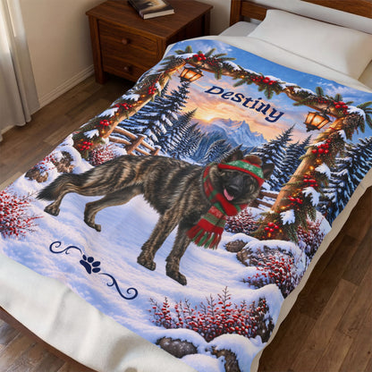 German Shepherd (Brindle Coat) - Personalized Snowy Mountain Blanket, Custom Name Velveteen Throw - MySisterIsAsurvor