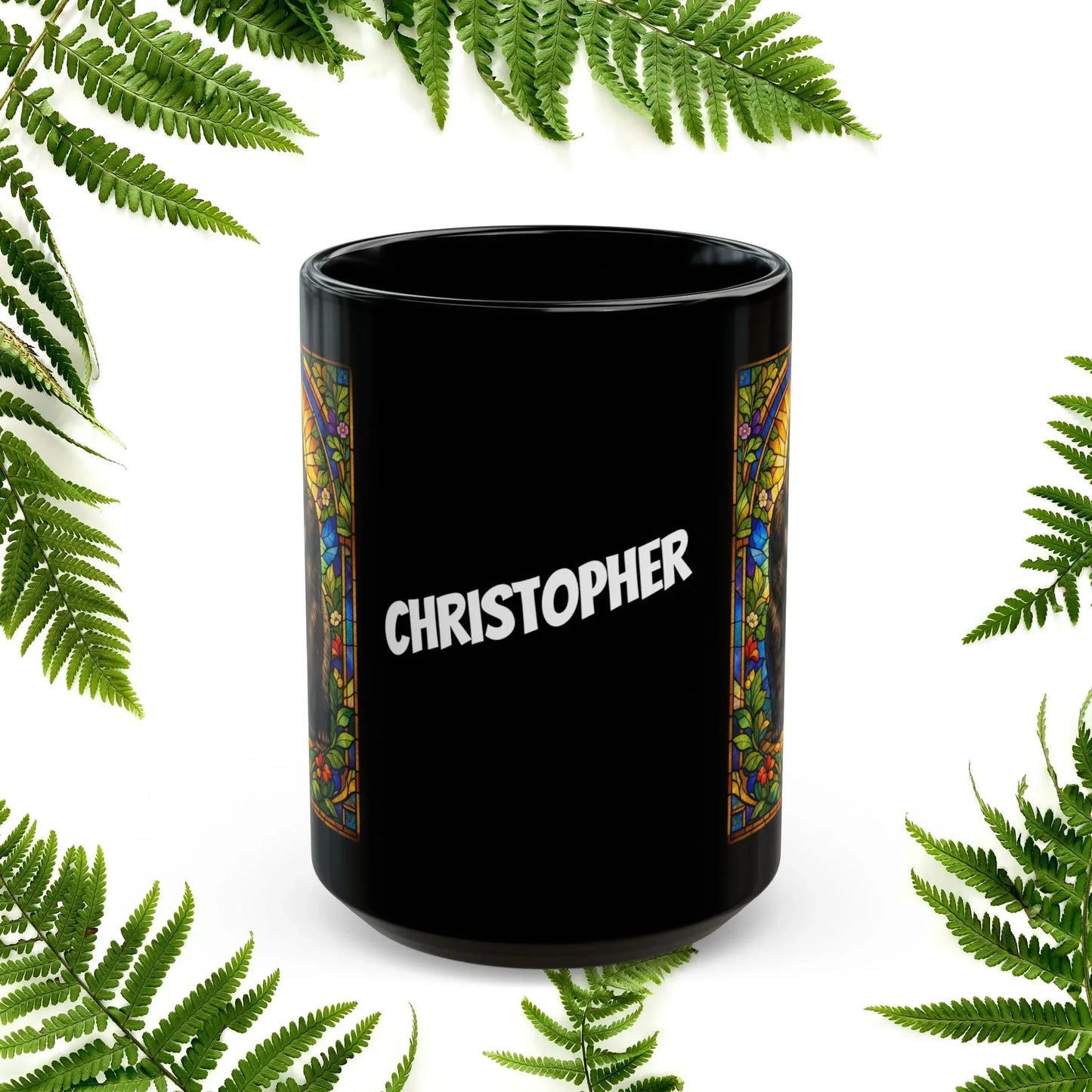 Shop our premium gorilla stained glass style black mug from MySisterIsASurvivor.