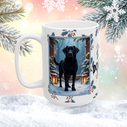Labrador Retriever (Black) Winter Mug - black labrador retriever illustrated standing in a winter scene with snow-covered ground