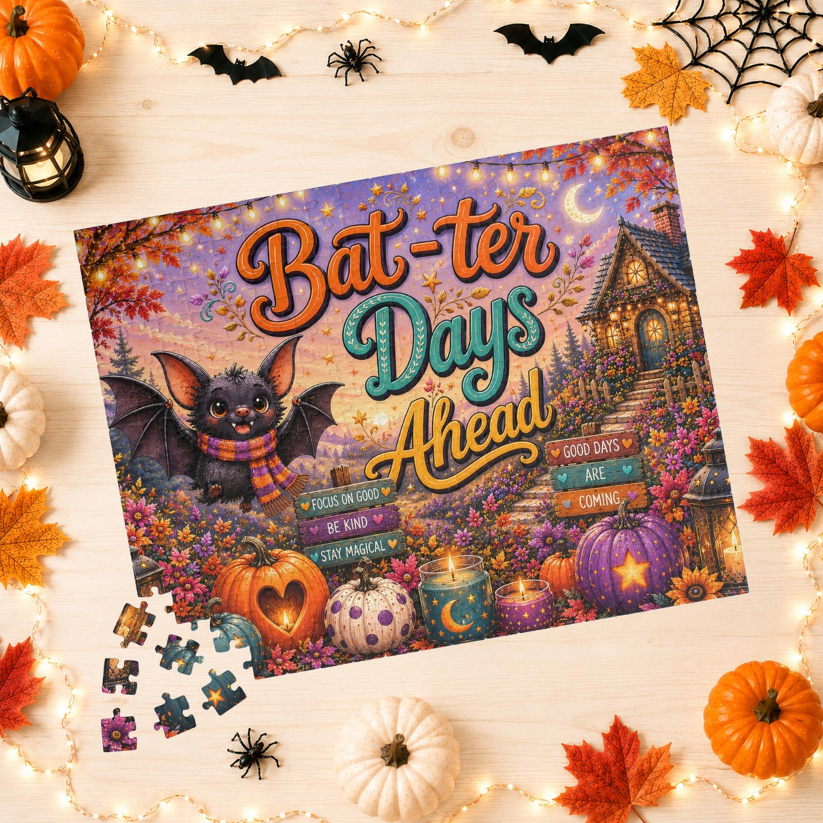 Bat-ter Days Ahead Halloween puzzle featuring cheerful bat artwork, heart pumpkins, and a cozy cottage scene
