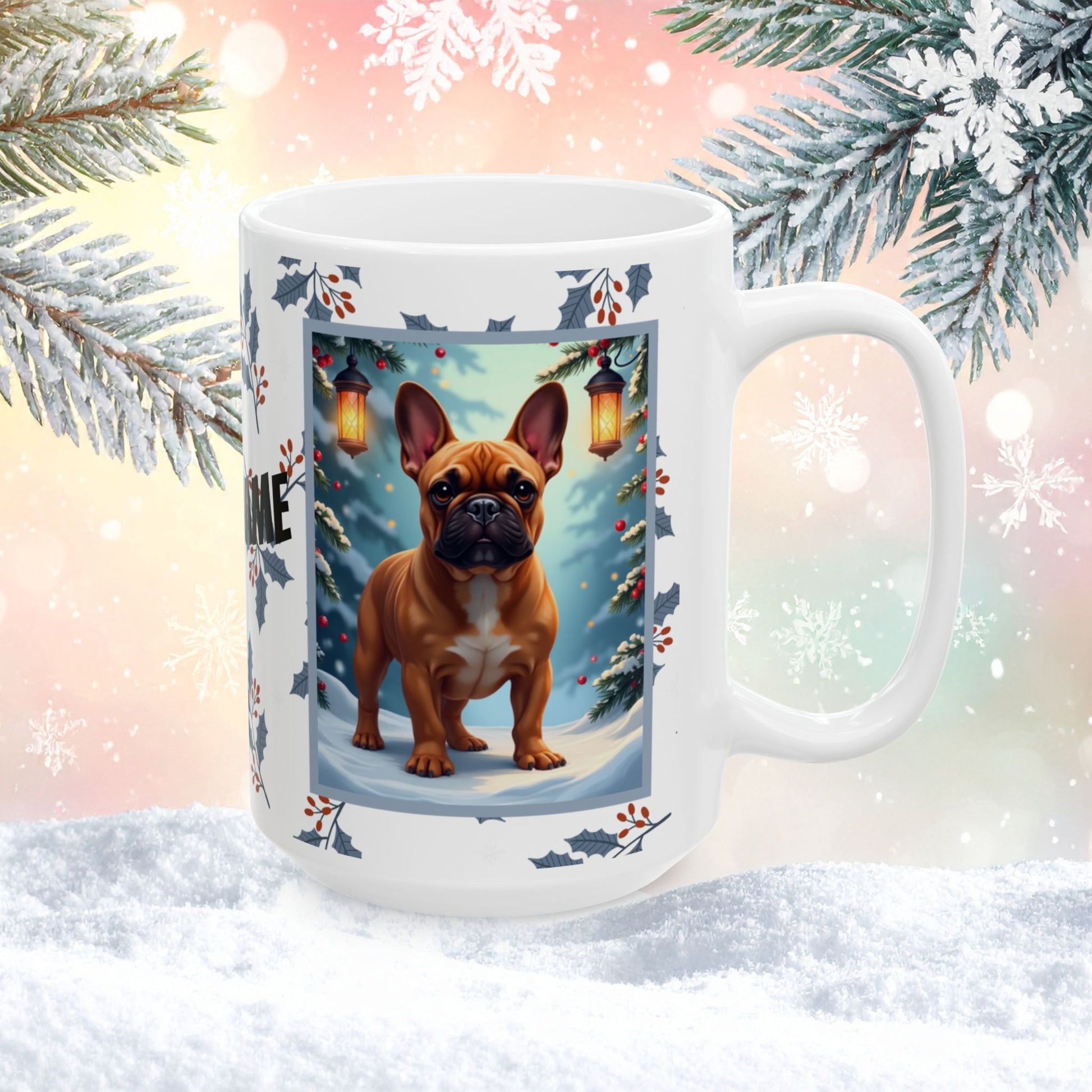 French Bulldog (Red Fawn) Winter Mug - red fawn French Bulldog artwork standing in a winter setting with snowy background