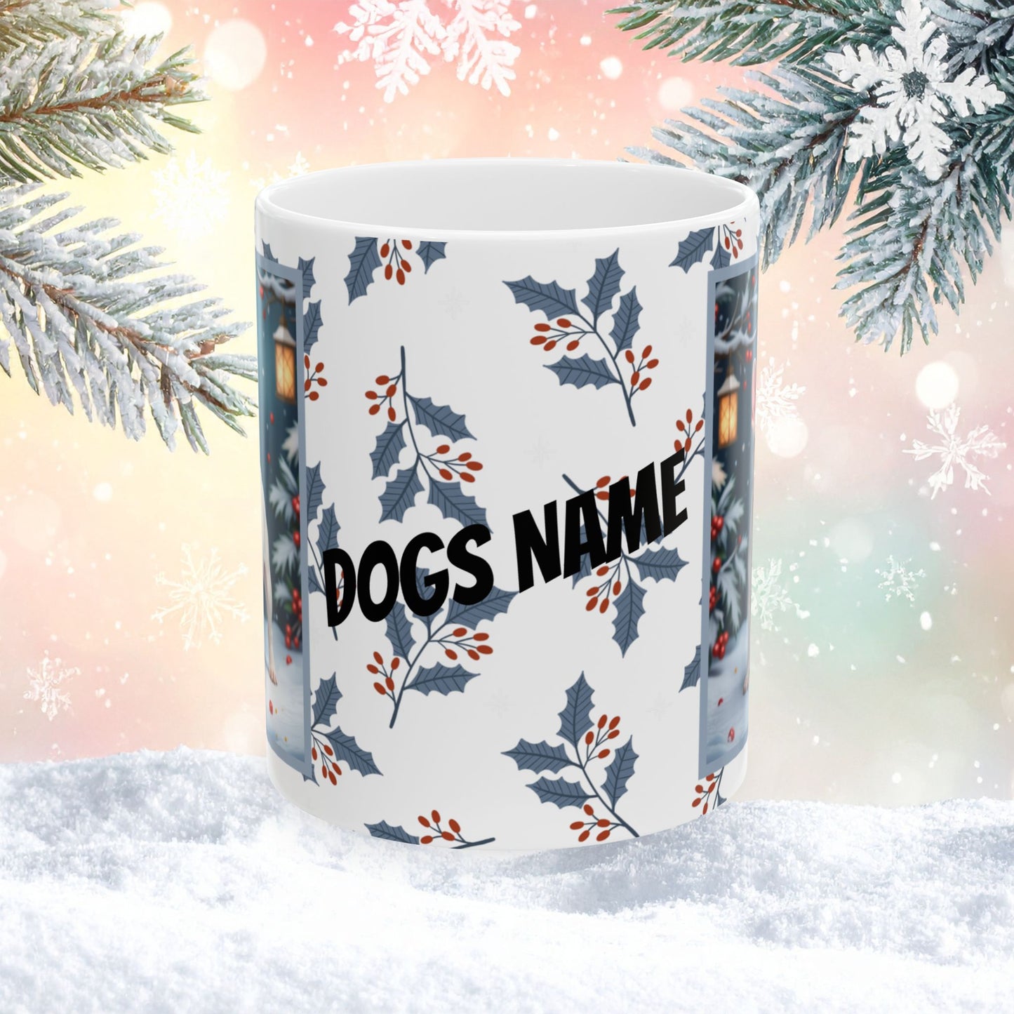 French Bulldog (White) Winter Mug - white French Bulldog illustrated standing in a crisp winter scene with soft snow