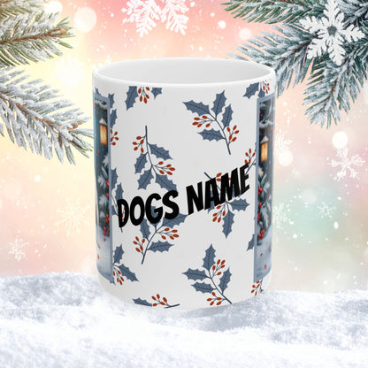 French Bulldog (White) Winter Mug - white French Bulldog illustrated standing in a crisp winter scene with soft snow