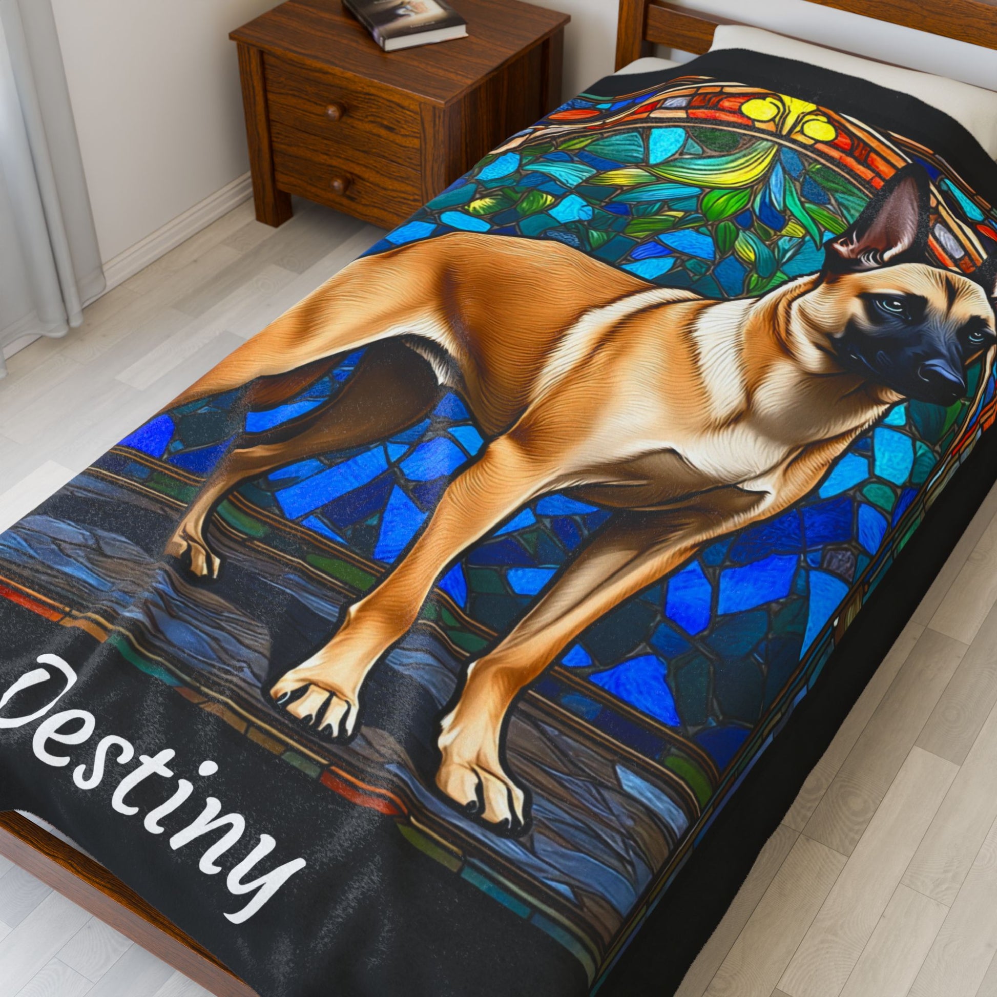 Belgian Malinois cream sable velveteen blanket, custom dog throw, personalized stained glass gift - MySisterIsASurvivor