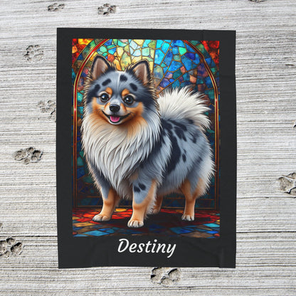 Pomeranian Blue Merle Coat Blanket, Velveteen Plush Stained Glass Dog Throw, Unique Pet Lover Gift