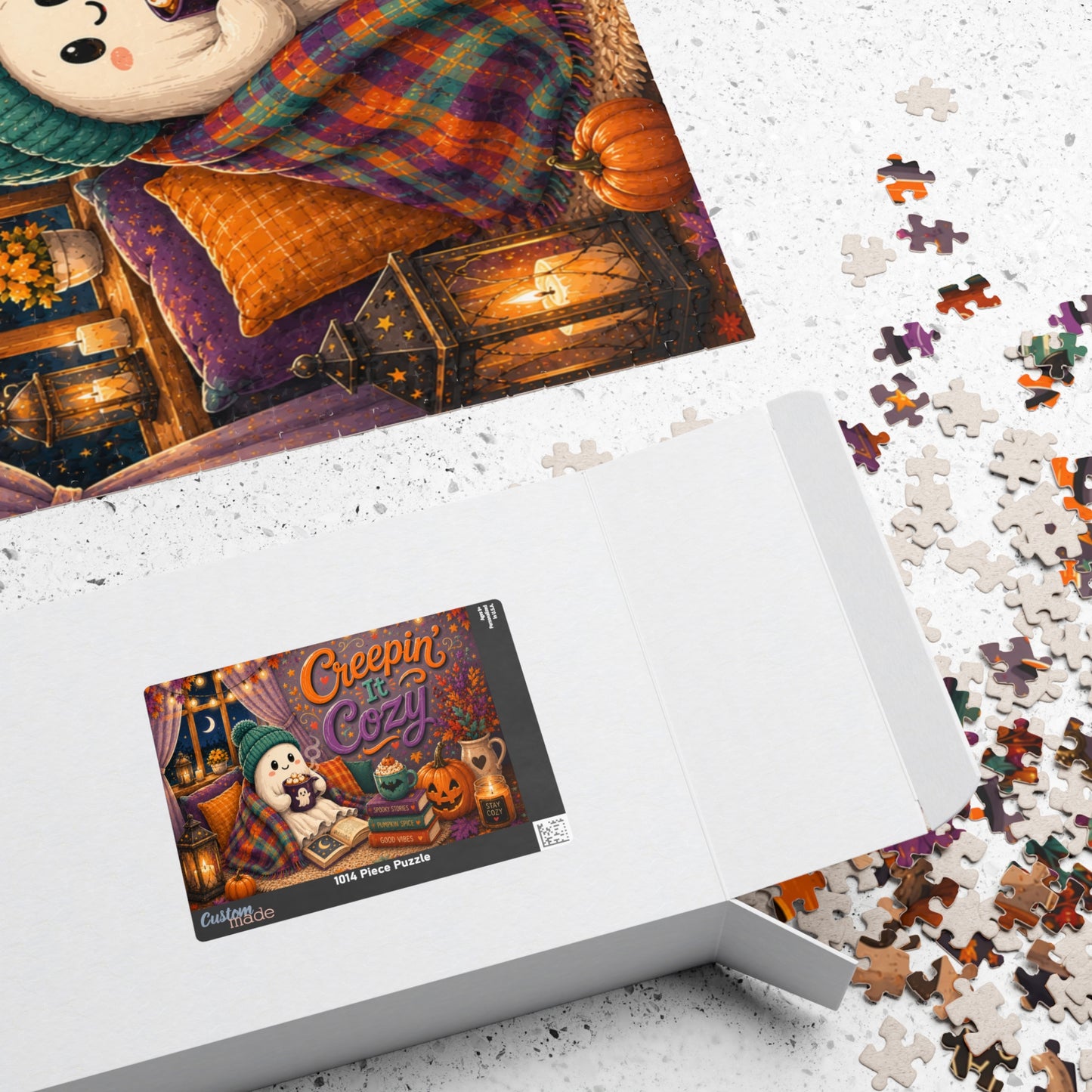 Creepin It Cozy Halloween Puzzle - Ghost in Beanie Reading by Candlelight with Pumpkin Spice Books