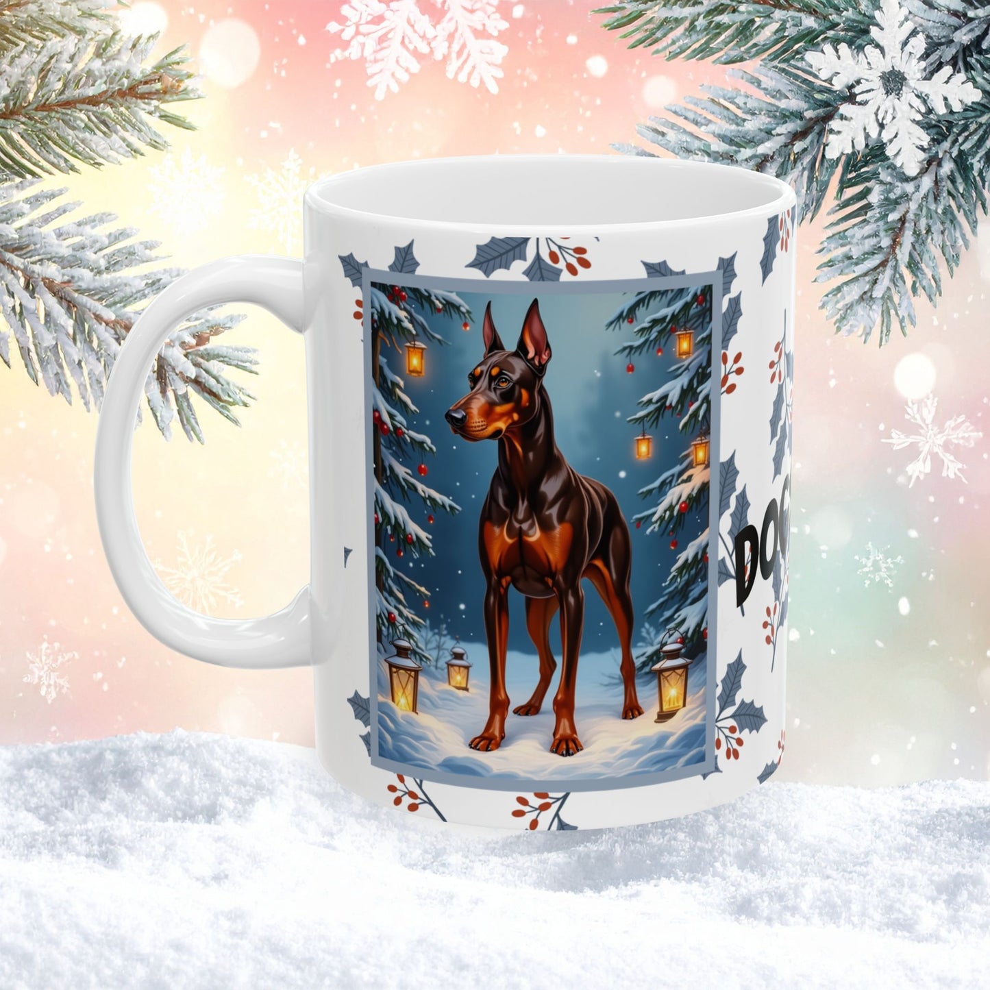 Doberman (Red & Rust) Winter Mug - red and rust Doberman artwork standing in a festive winter setting with soft snow details