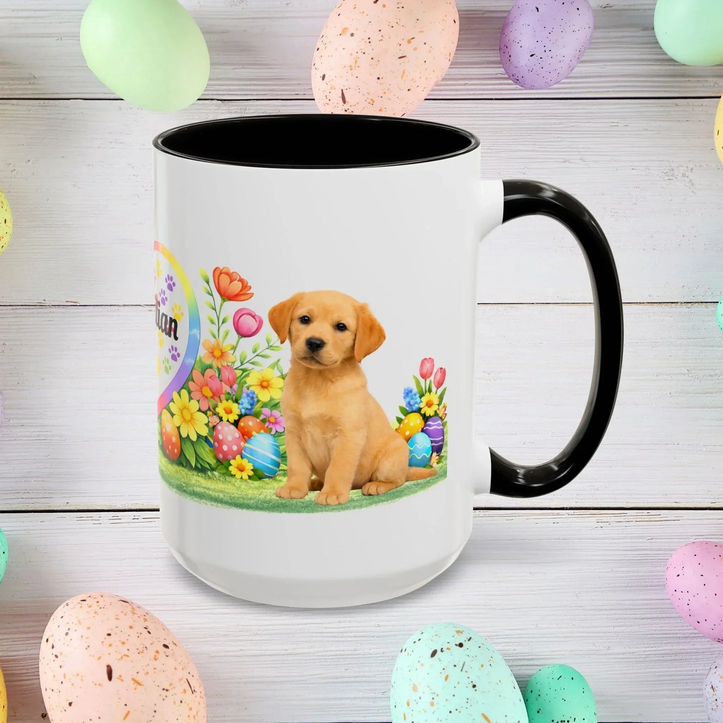 Shop our labrador retriever yellow golden puppy easter mug featuring the 15oz style option from MySisterIsASurvivor.