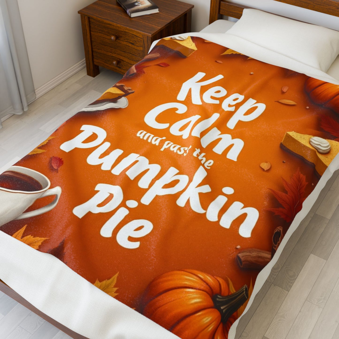 Funny Thanksgiving blanket with “Keep Calm and Pass the Pumpkin Pie,” cheerful fall colors and pie art.