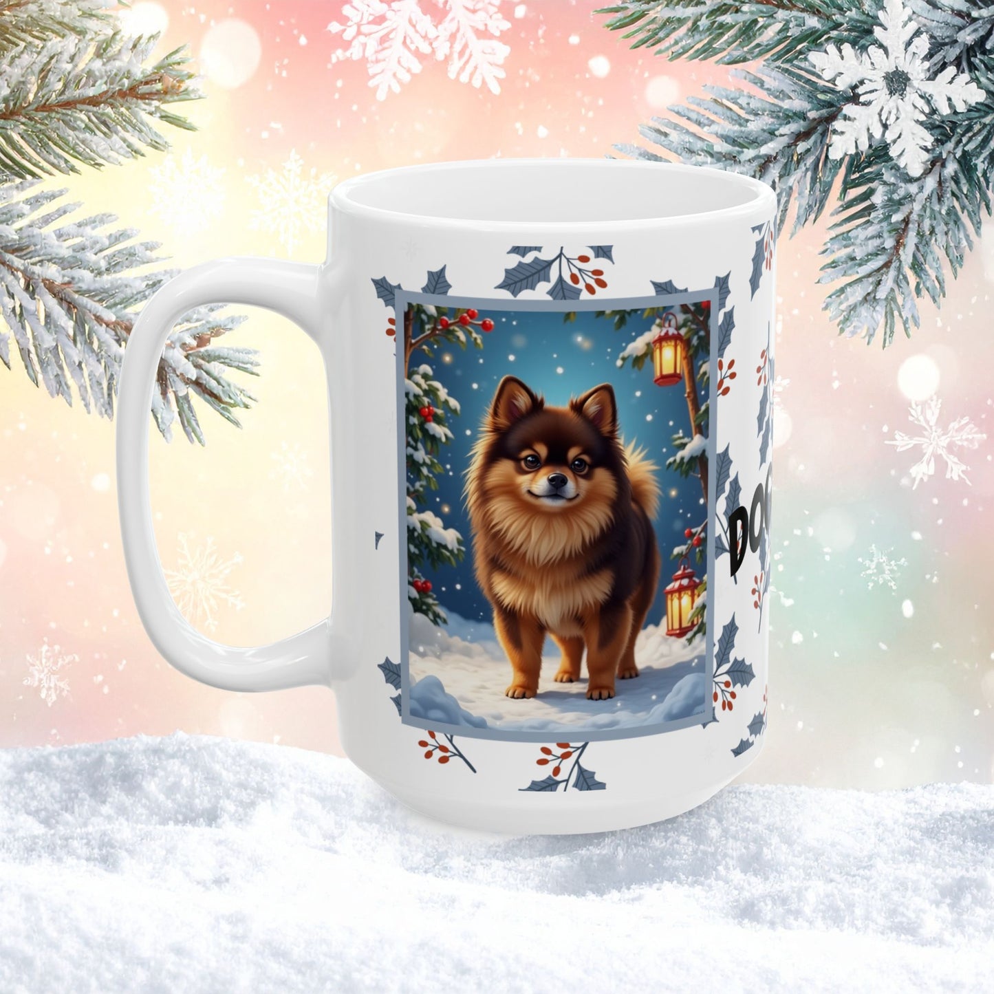 Pomeranian (Chocolate & Tan) Winter Mug - chocolate and tan pomeranian artwork standing in a winter setting