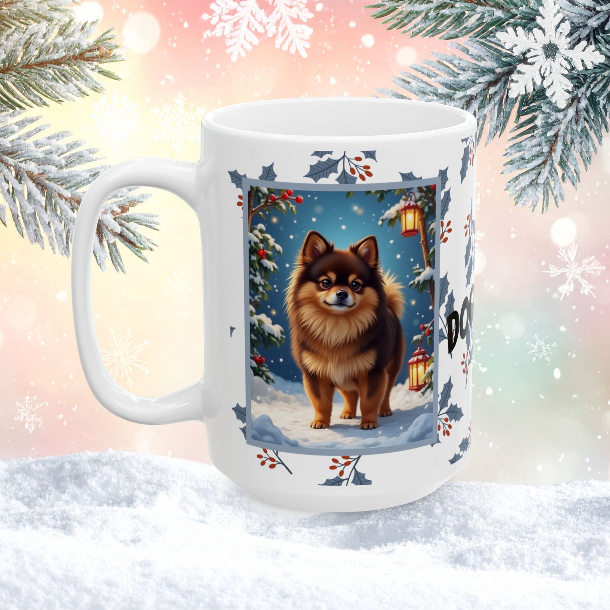Pomeranian (Chocolate & Tan) Winter Mug - chocolate and tan pomeranian artwork standing in a winter setting