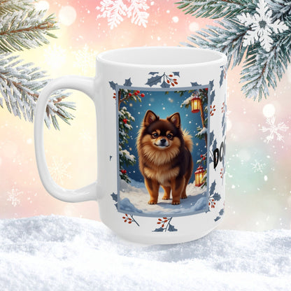 Pomeranian (Chocolate & Tan) Winter Mug - chocolate and tan pomeranian artwork standing in a winter setting