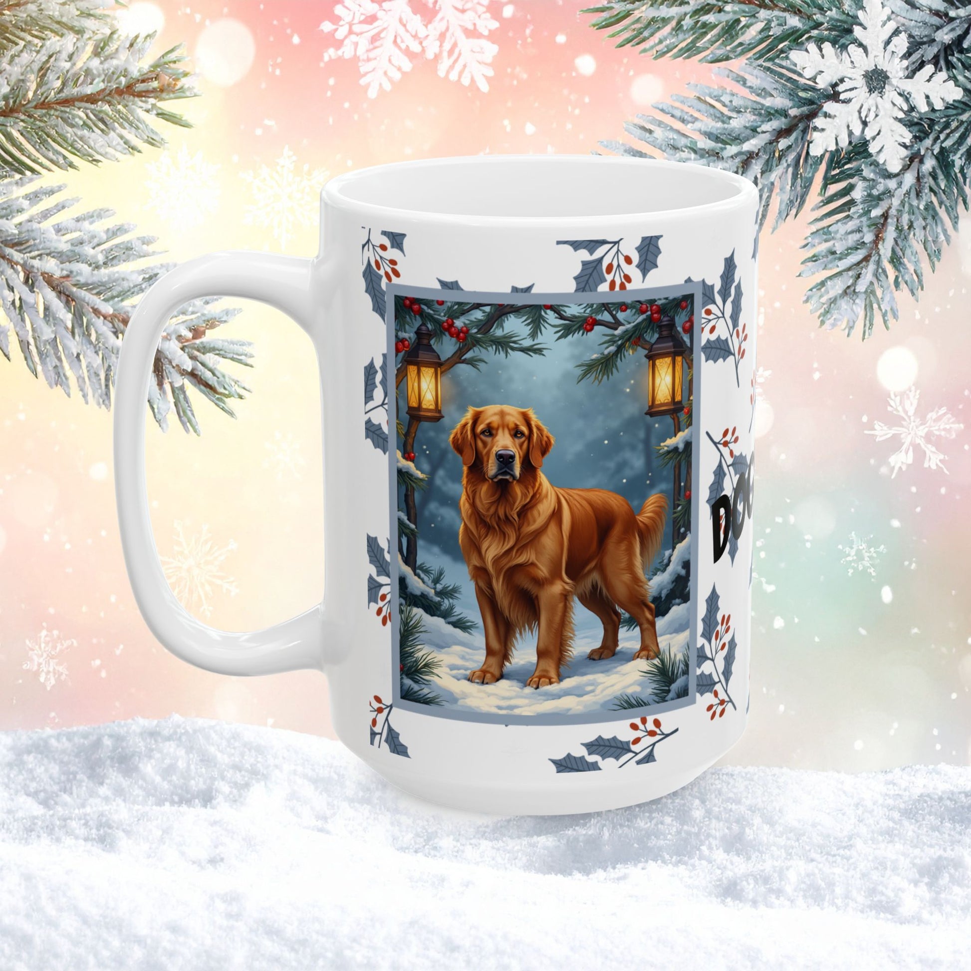 Golden Retriever (Dark Golden) Winter Mug - dark golden retriever illustrated standing in a festive winter setting