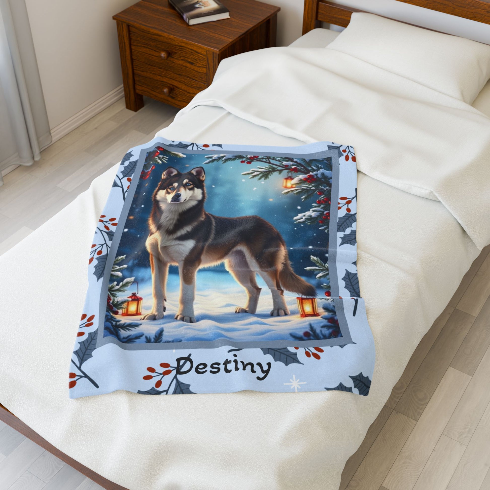 Husky Agouti and White custom winter blanket featuring an Arctic Husky in a bright cozy lodge-style scene