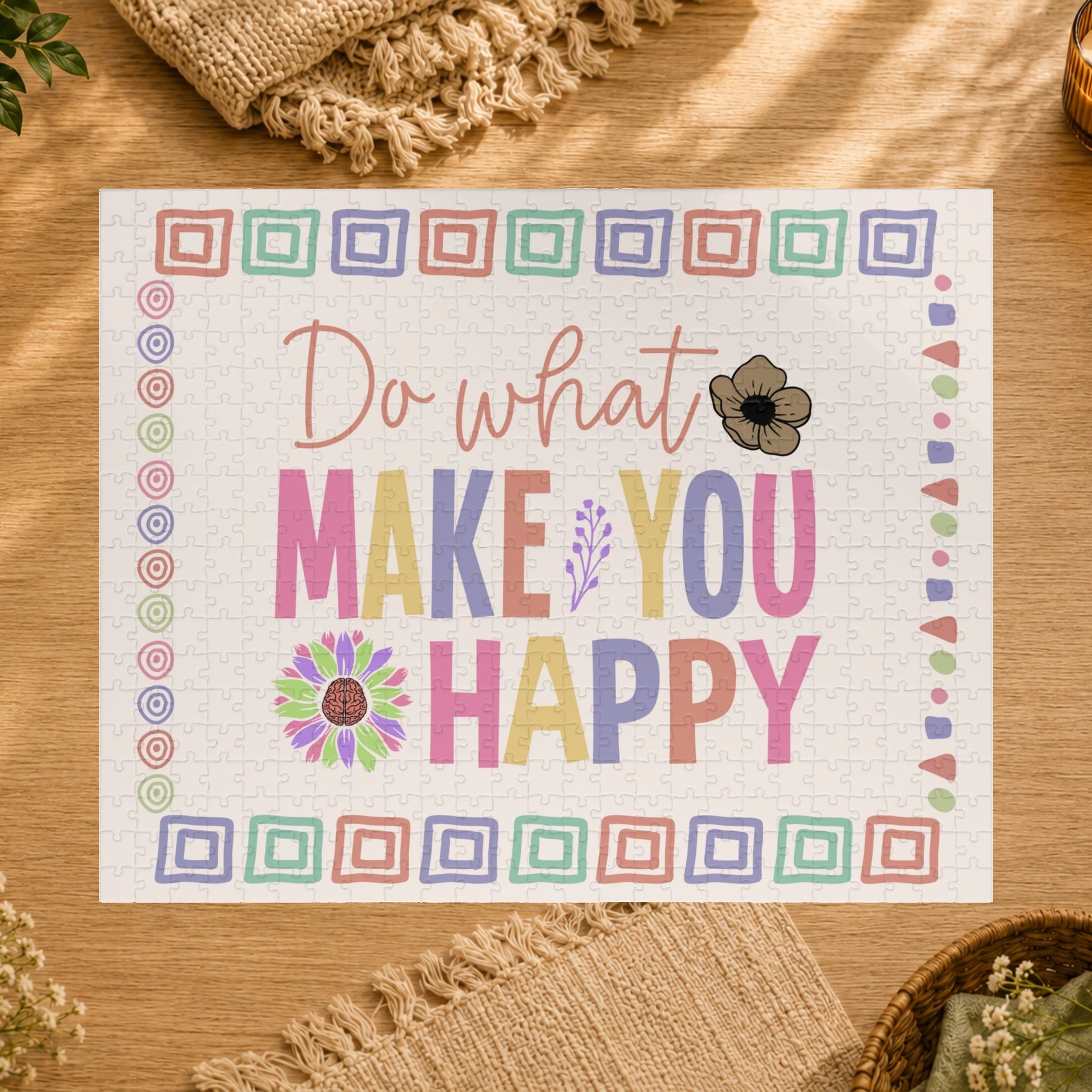 Motivational mat with colorful text and decorative elements on a white background