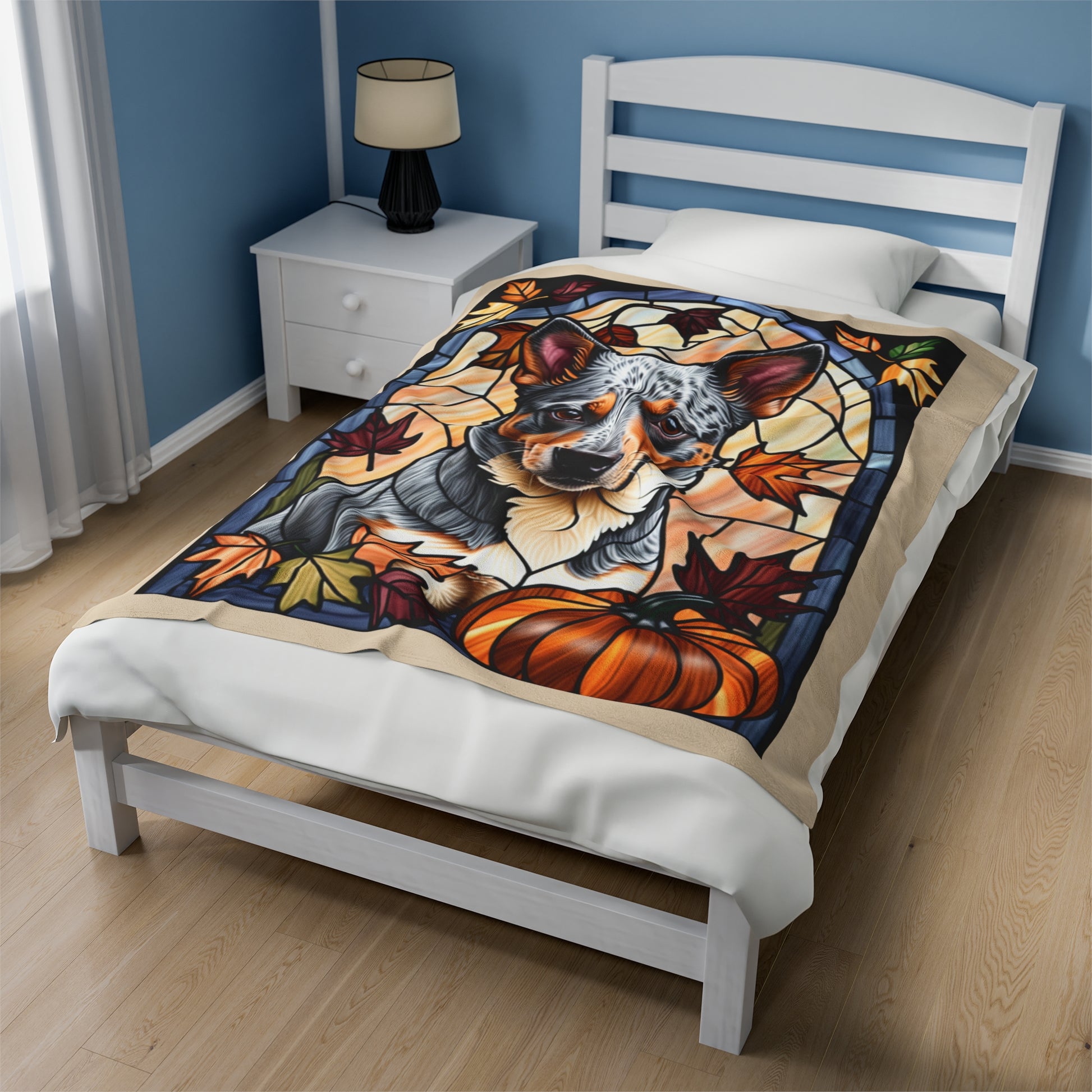 Luxurious Australian Cattle Dog stained glass throw blanket in soft velveteen fabric, thoughtful dog lover gift