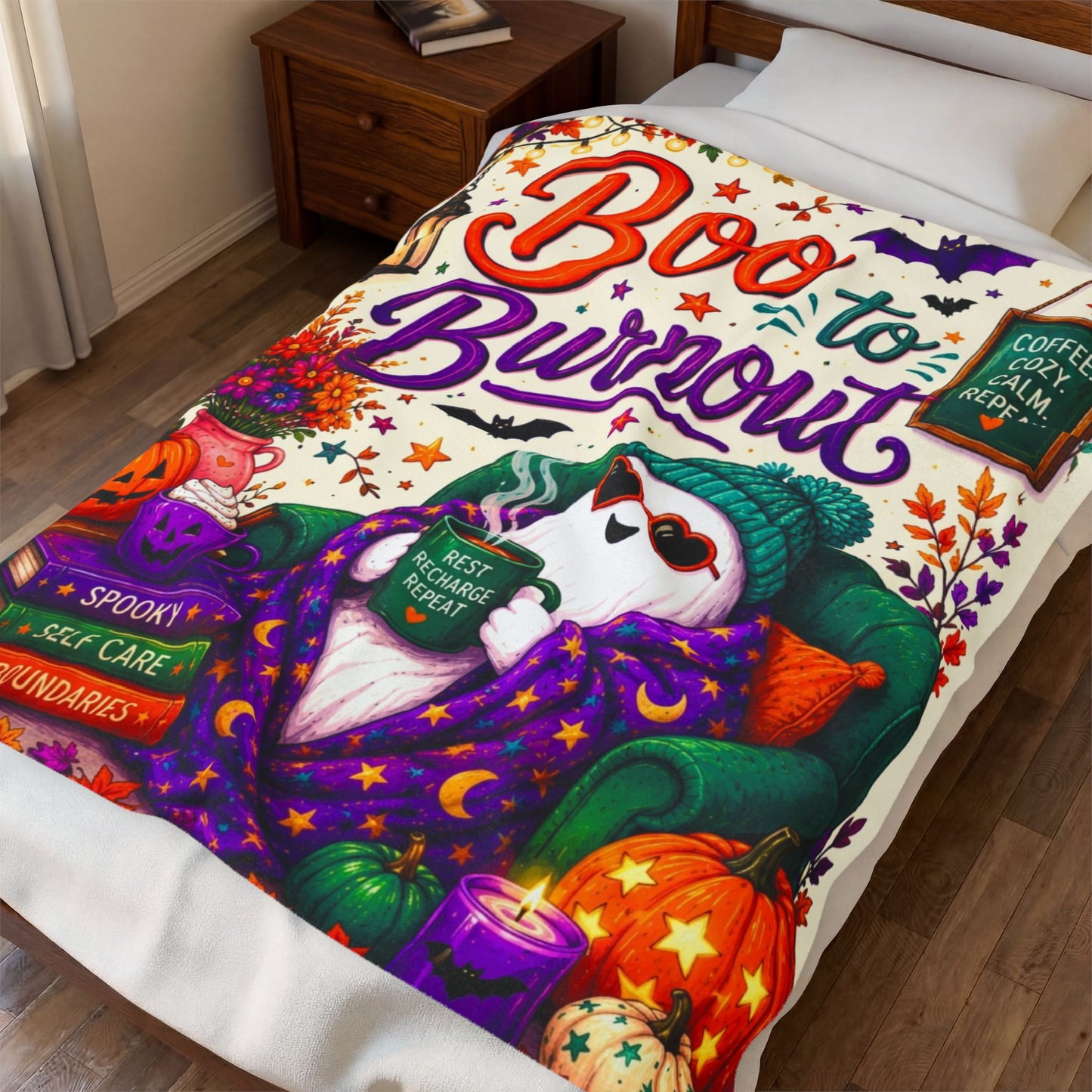 Boo to Burnout Velveteen Blanket - Ghost with Rest Recharge Repeat Mug and Self Care Boundaries Books