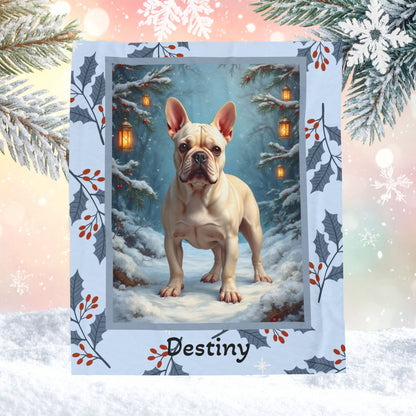 French Bulldog Cream personalized winter throw with soft Frenchie artwork and glowing snow-covered lodge details
