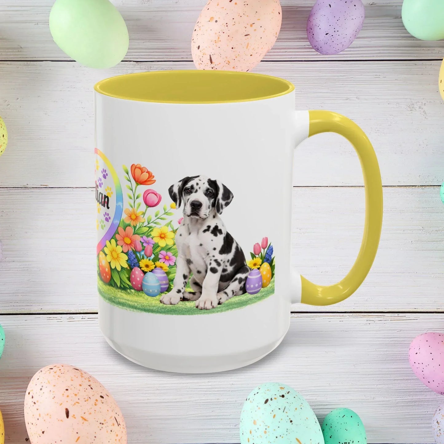 Shop our premium great dane harlequin puppy easter mug from MySisterIsASurvivor.