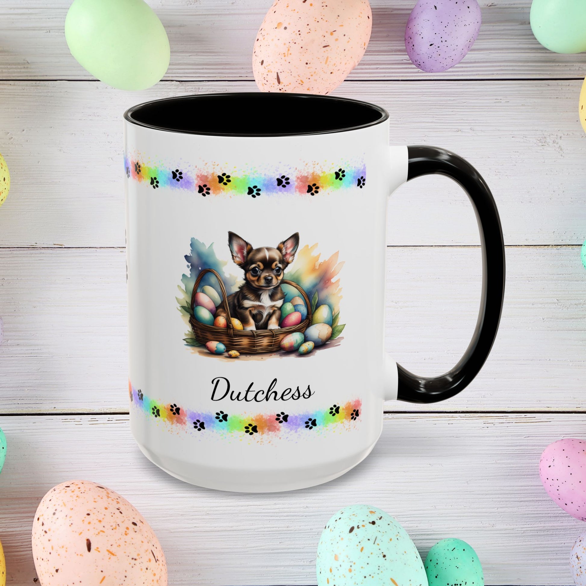 Chihuahua (Black Tri): Personalized Easter Puppy Coffee Mug - Adorable Dog Design, Mental Health Gift, 11oz & 15oz, 12 Color Choices, Easter Gifts & Décor