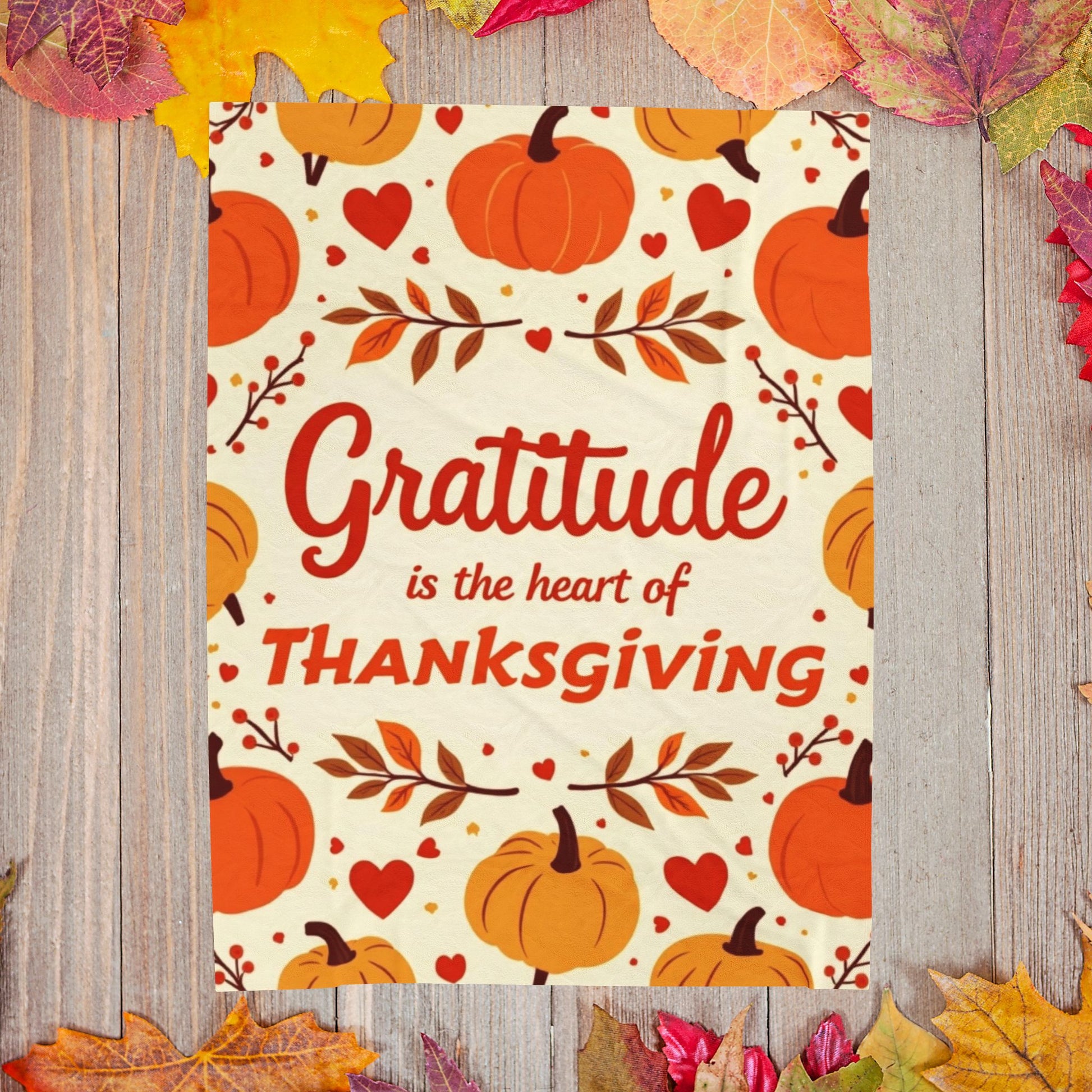Thanksgiving blanket with “Gratitude Is the Heart of Thanksgiving,” cozy seasonal gratitude design.