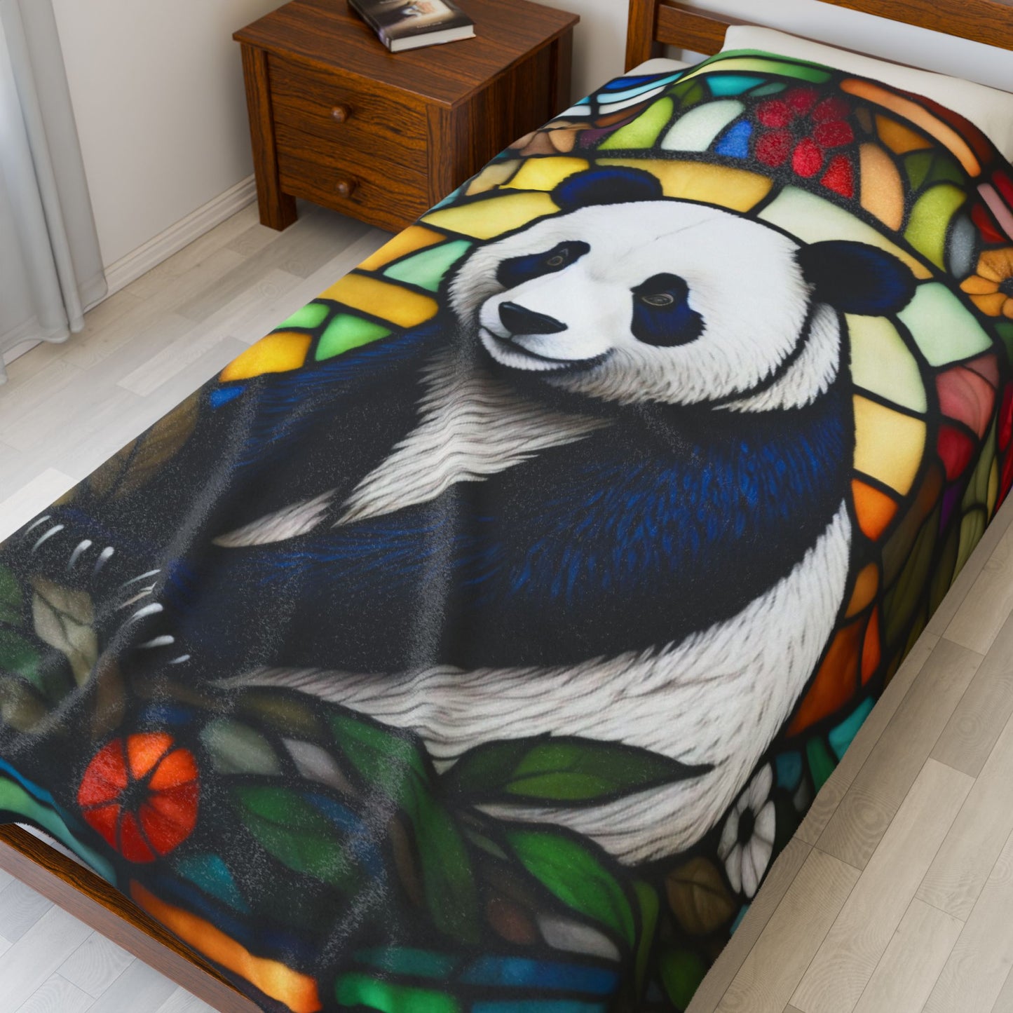 A tranquil panda blanket in stained glass style, ideal for calm evenings and mindful rest.