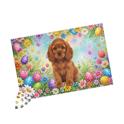 American Cocker Spaniel (Red) Easter Puppy Puzzle - Spring Garden with Eggs, Tulips, and Daisies