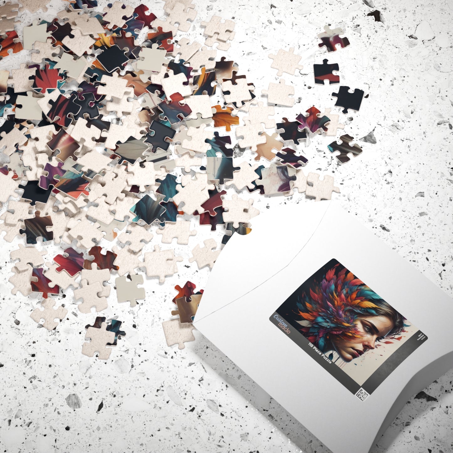 Resilience Palette - Woman's Portrait Puzzle with Colorful Feathers Exploding from Dark Background