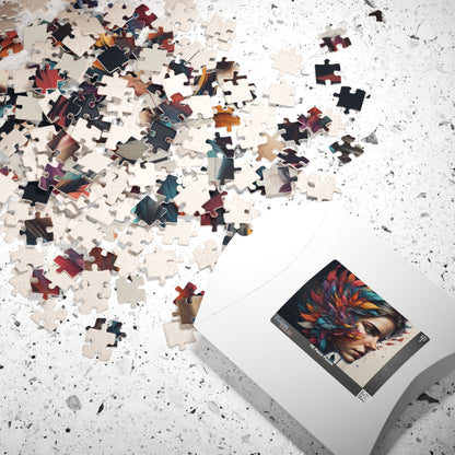 Resilience Palette - Woman's Portrait Puzzle with Colorful Feathers Exploding from Dark Background