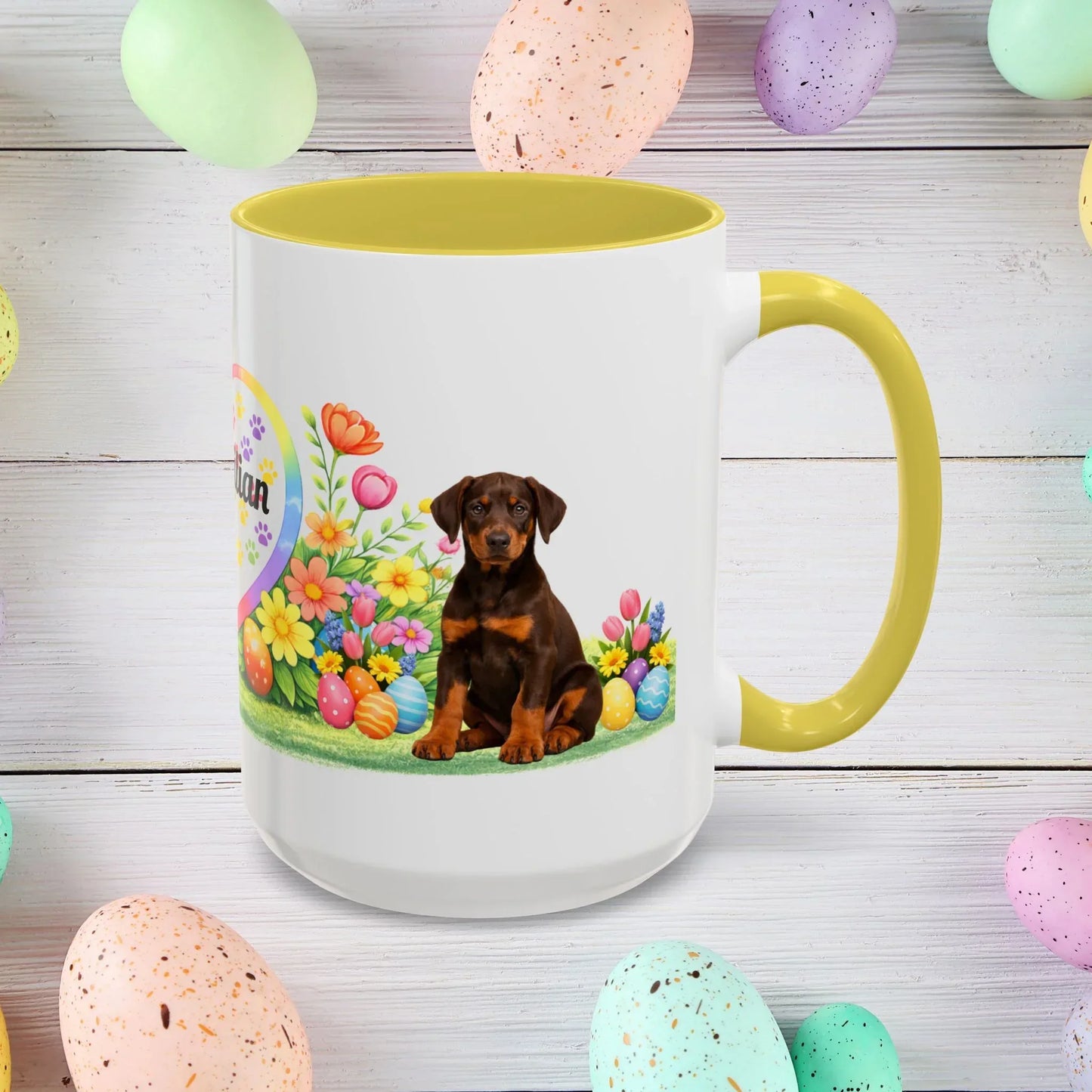 Shop our premium doberman red rust puppy easter mug from MySisterIsASurvivor.