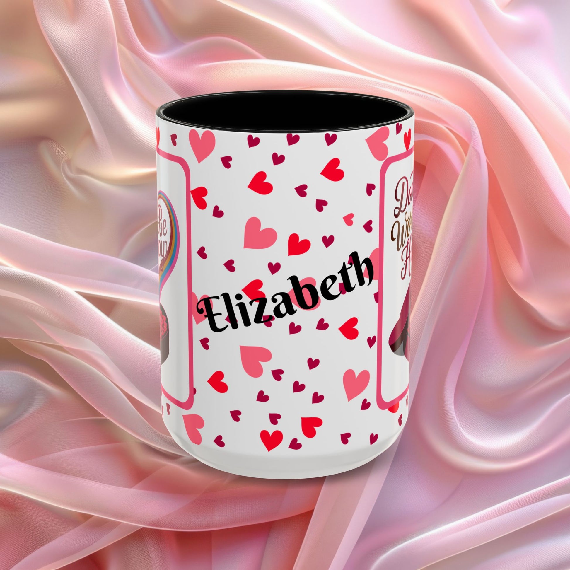 Dont Worry Be Happy Valentines mug with positive affirmation, cheerful Valentine coffee cup for daily encouragement
