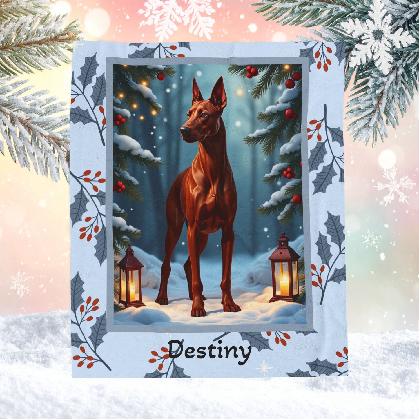 Doberman Red custom winter dog blanket featuring a Doberman standing in a bright snowy lodge-style illustration