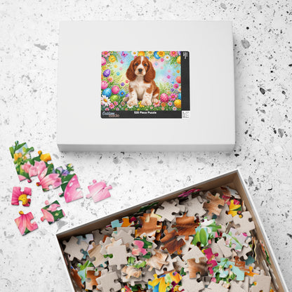 American Cocker Spaniel (Red & White) Easter Puppy Puzzle - Spring Garden with Eggs, Tulips, and Daisies