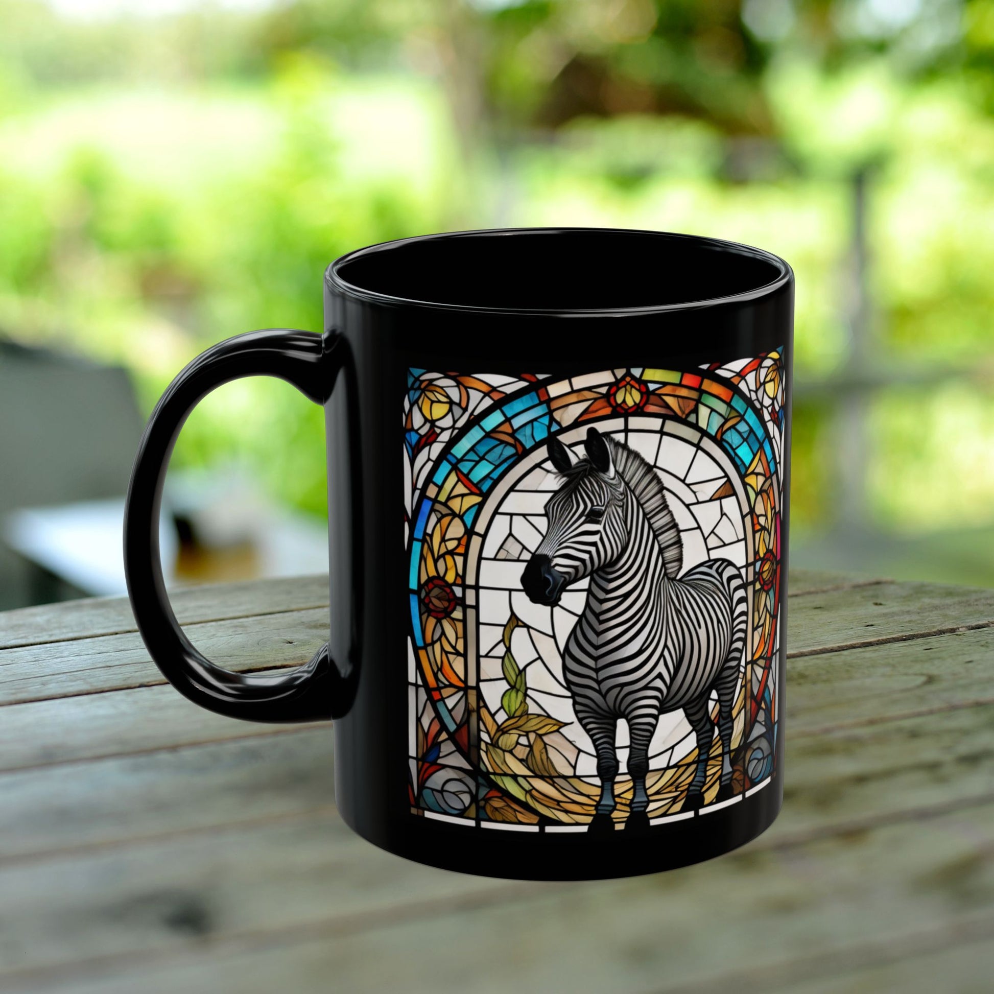 Zebra personalized mug with stained glass zoo animal design, black ceramic wildlife coffee cup.