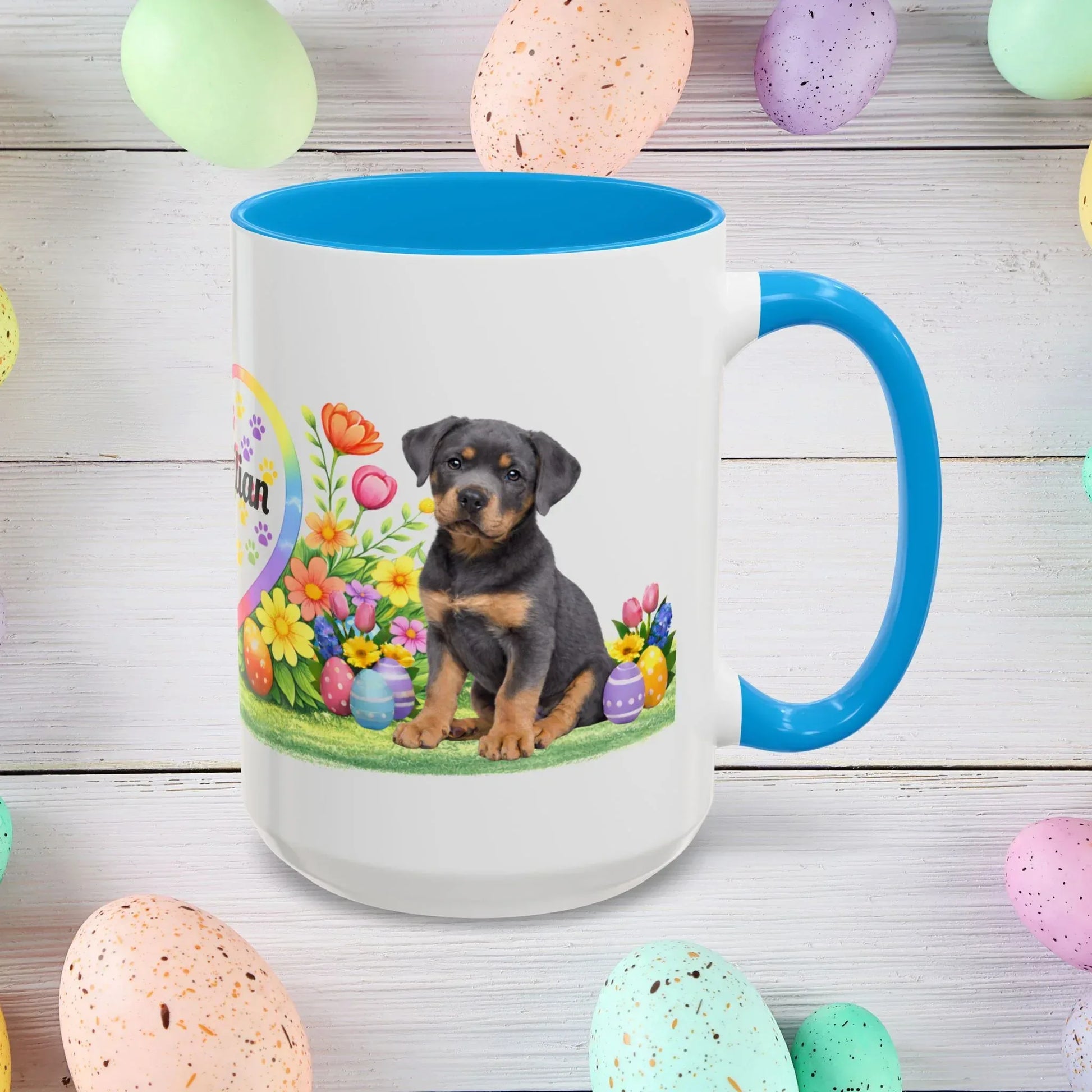Shop our rottweiler blue puppy easter mug featuring the 15oz style option from MySisterIsASurvivor.