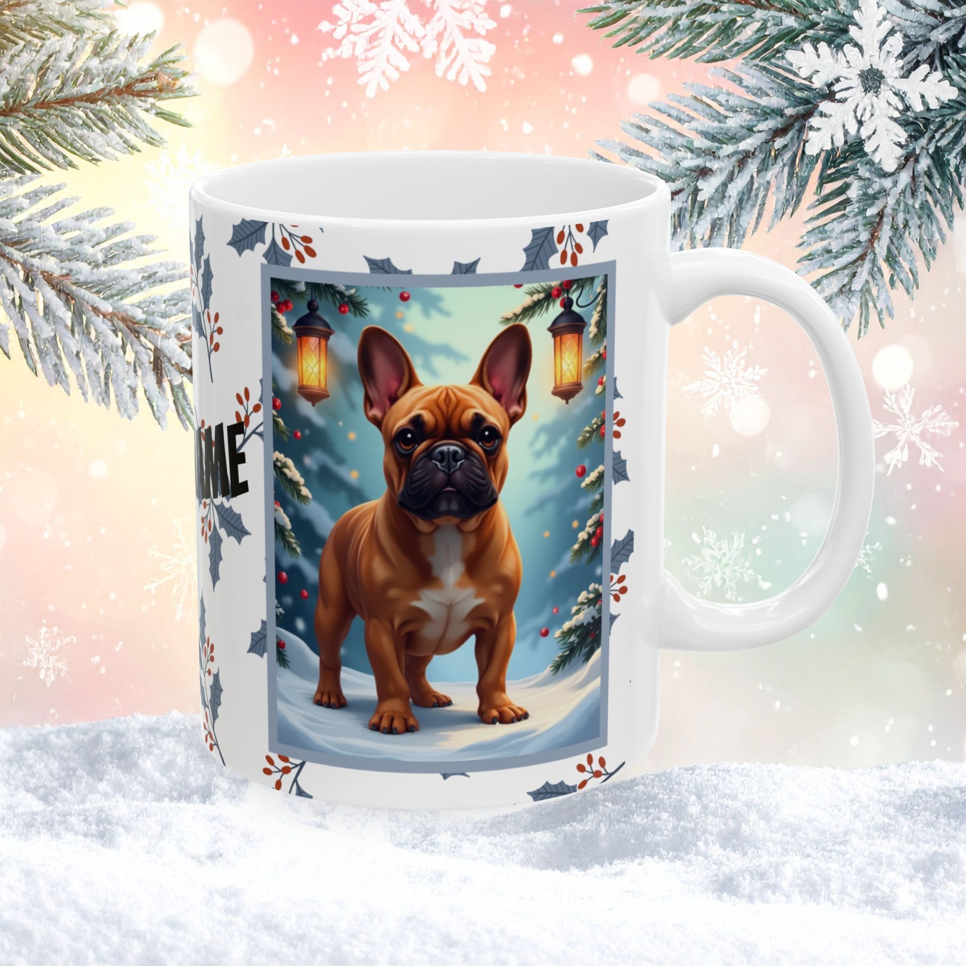 French Bulldog (Red Fawn) Winter Mug - red fawn French Bulldog artwork standing in a winter setting with snowy background
