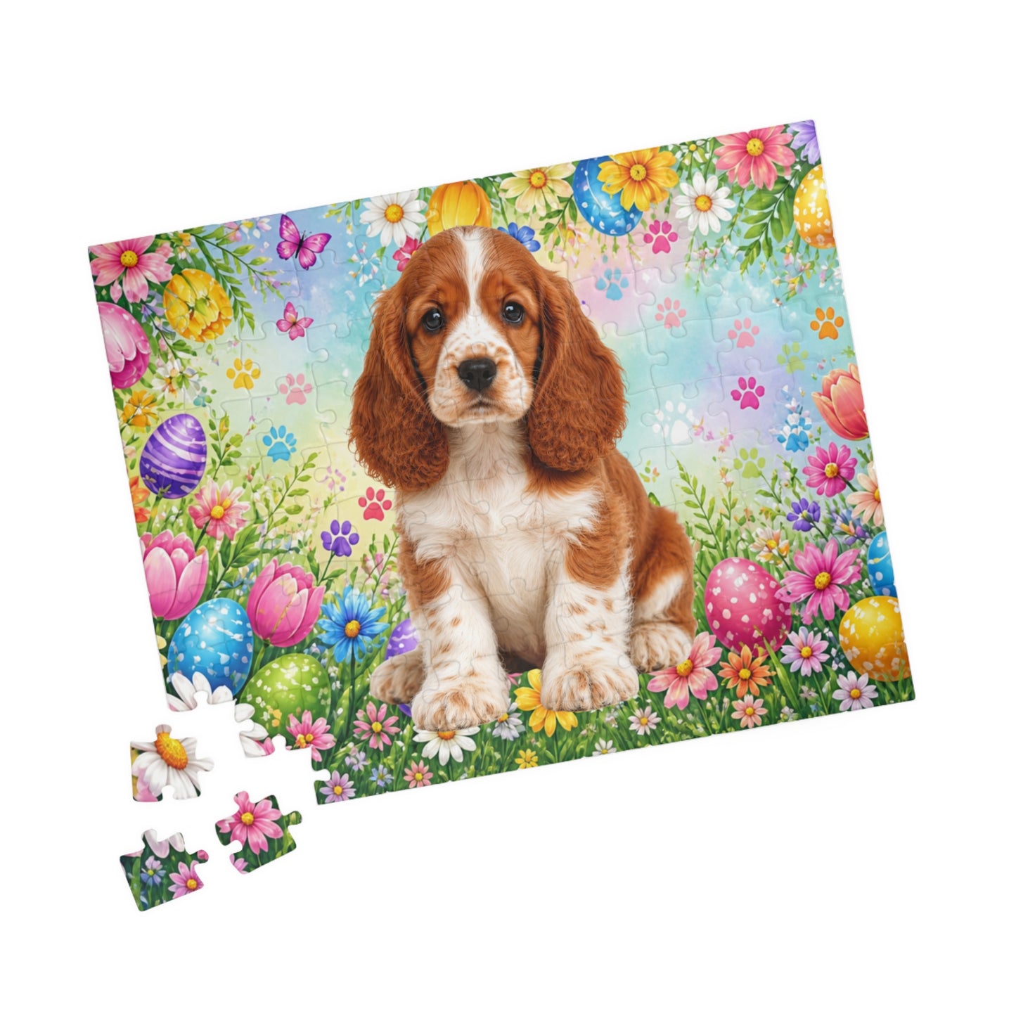 American Cocker Spaniel (Red & White) Easter Puppy Puzzle - Spring Garden with Eggs, Tulips, and Daisies