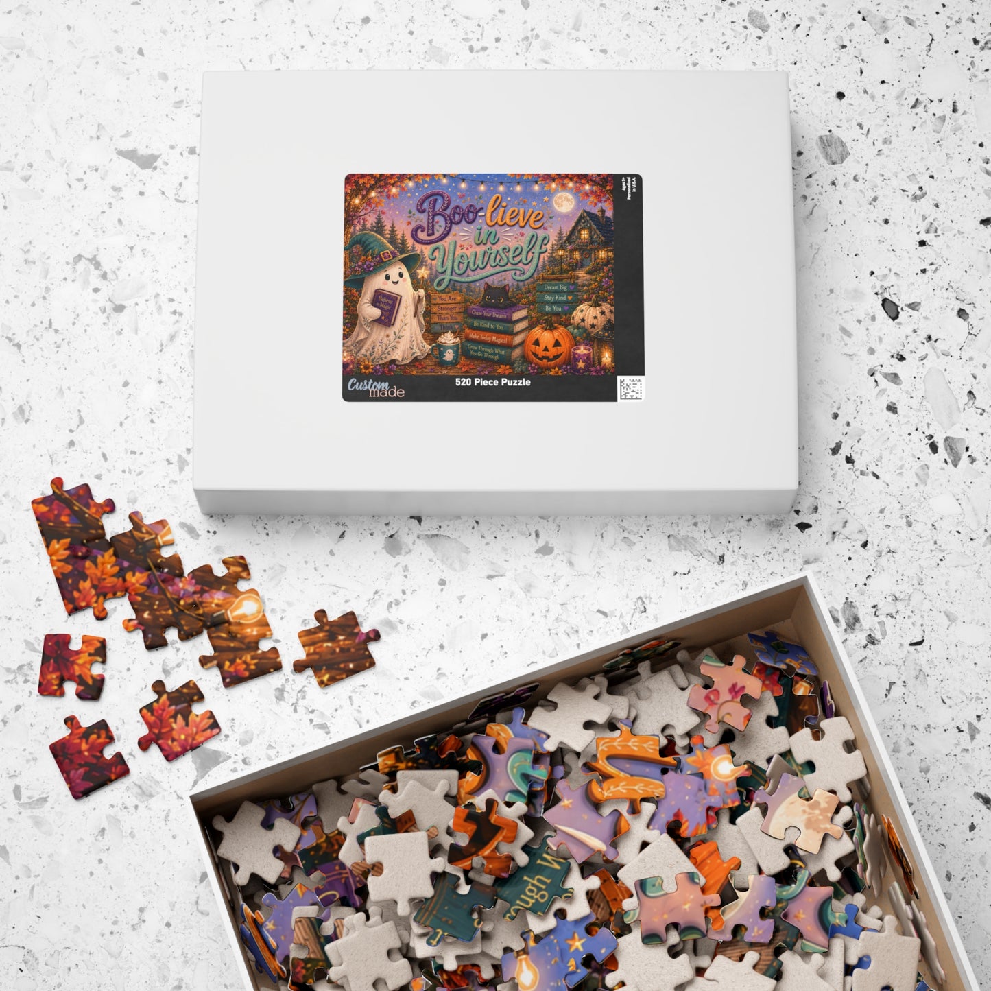 Boo-lieve in Yourself Halloween Puzzle - Ghost with Believe in Magic Book, Black Cat, and Affirmation Books