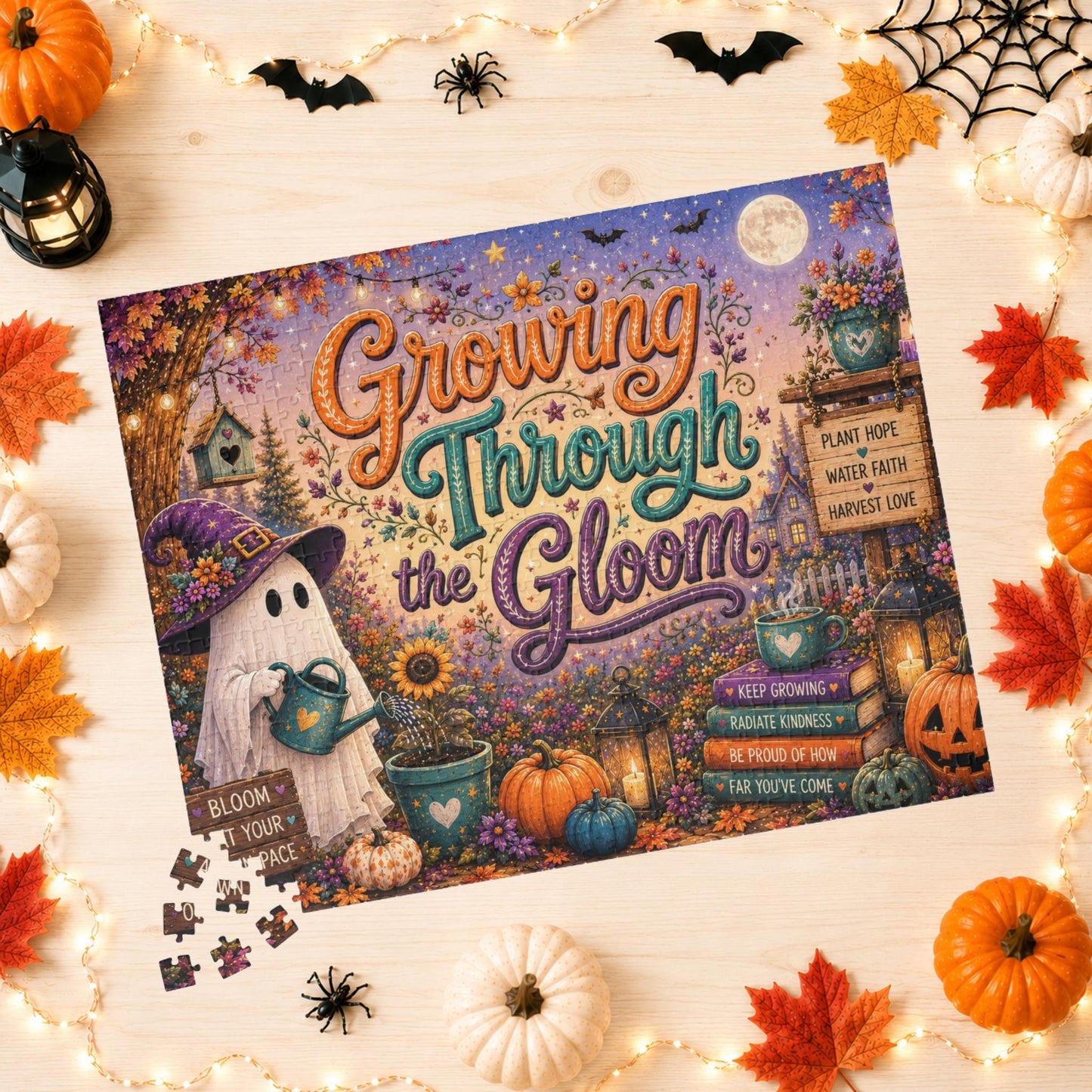 Growing Through the Gloom Halloween Puzzle - Ghost Watering Heart Plant with Bloom at Your Own Pace Sign