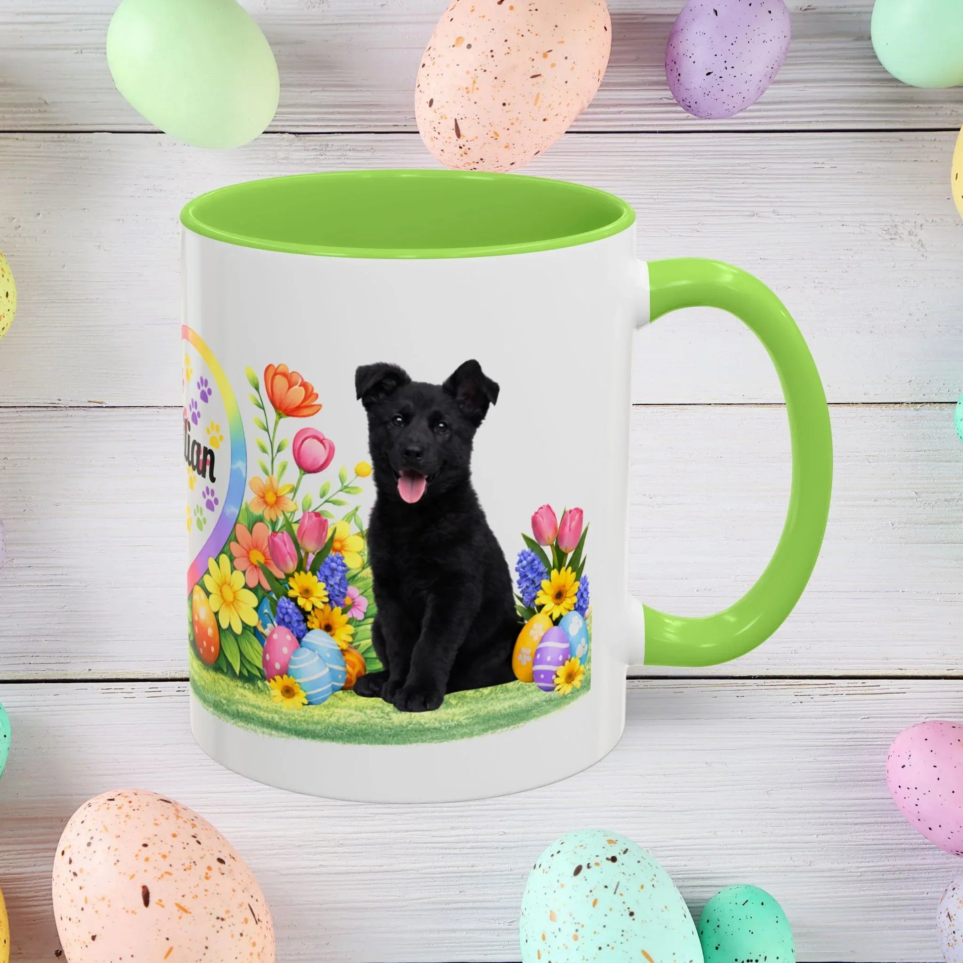 Shop our german shepherd black puppy easter mug featuring the 11oz style option from MySisterIsASurvivor.