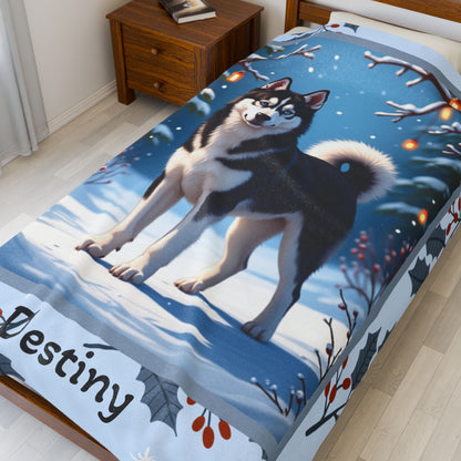 Husky Black and White personalized winter throw with striking Husky artwork and glowing snowy lodge background