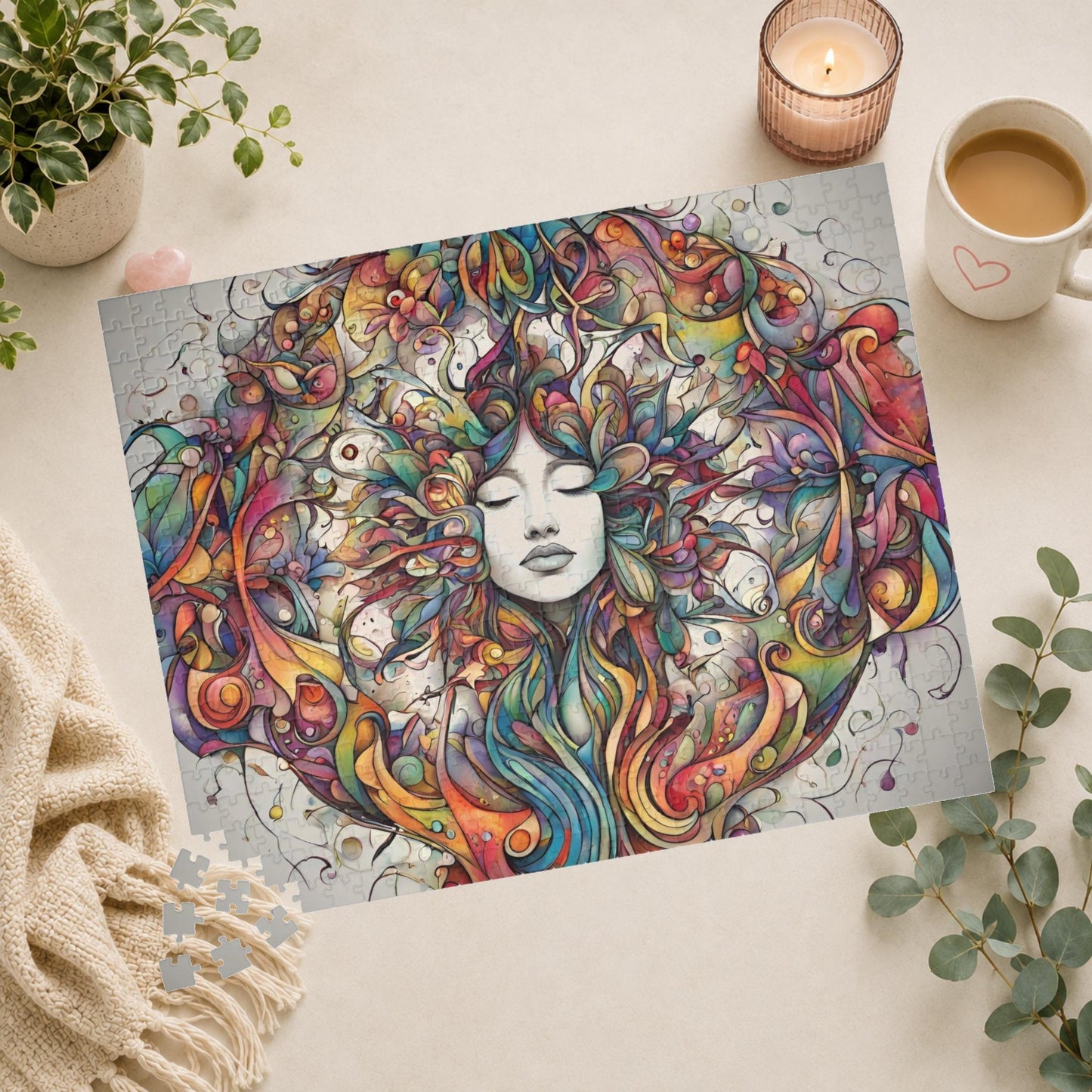 Creative Expression - Psychedelic Woman's Portrait Puzzle with Colorful Swirling Vines and Flowers