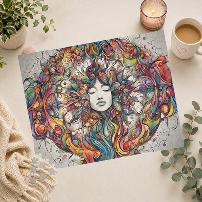 Creative Expression - Psychedelic Woman's Portrait Puzzle with Colorful Swirling Vines and Flowers