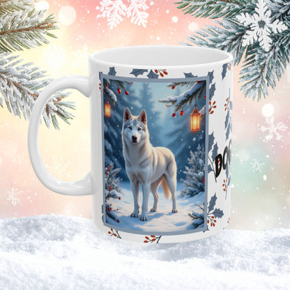 Husky (Silver) Winter Mug - silver husky artwork standing in a bright winter setting with soft snow details