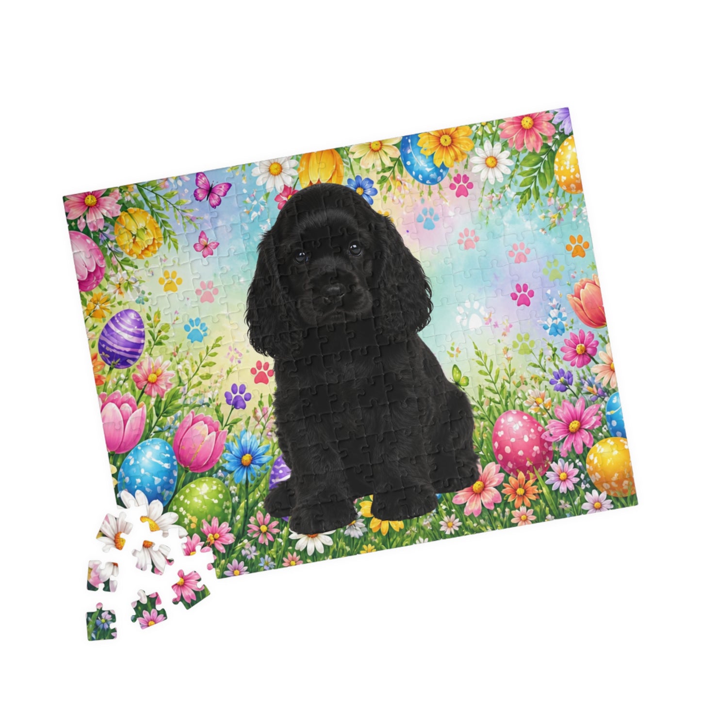 American Cocker Spaniel (Black) Easter Puppy Puzzle - Spring Garden with Eggs, Tulips, and Daisies