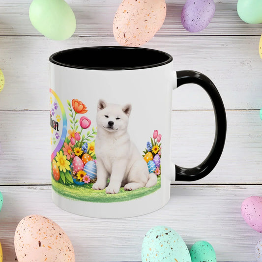 Shop our akita white puppy easter mug featuring the 11oz style option from MySisterIsASurvivor.