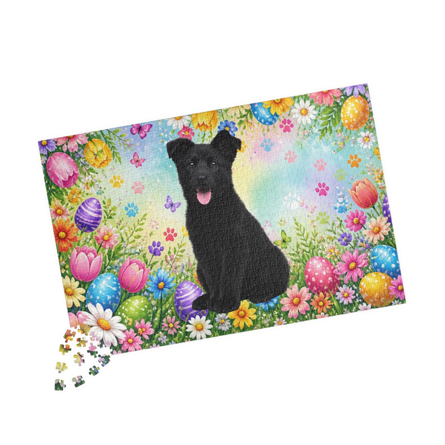 German Shepherd (Black) Easter Puppy Puzzle - Bold Spring Garden with Eggs and Blooms