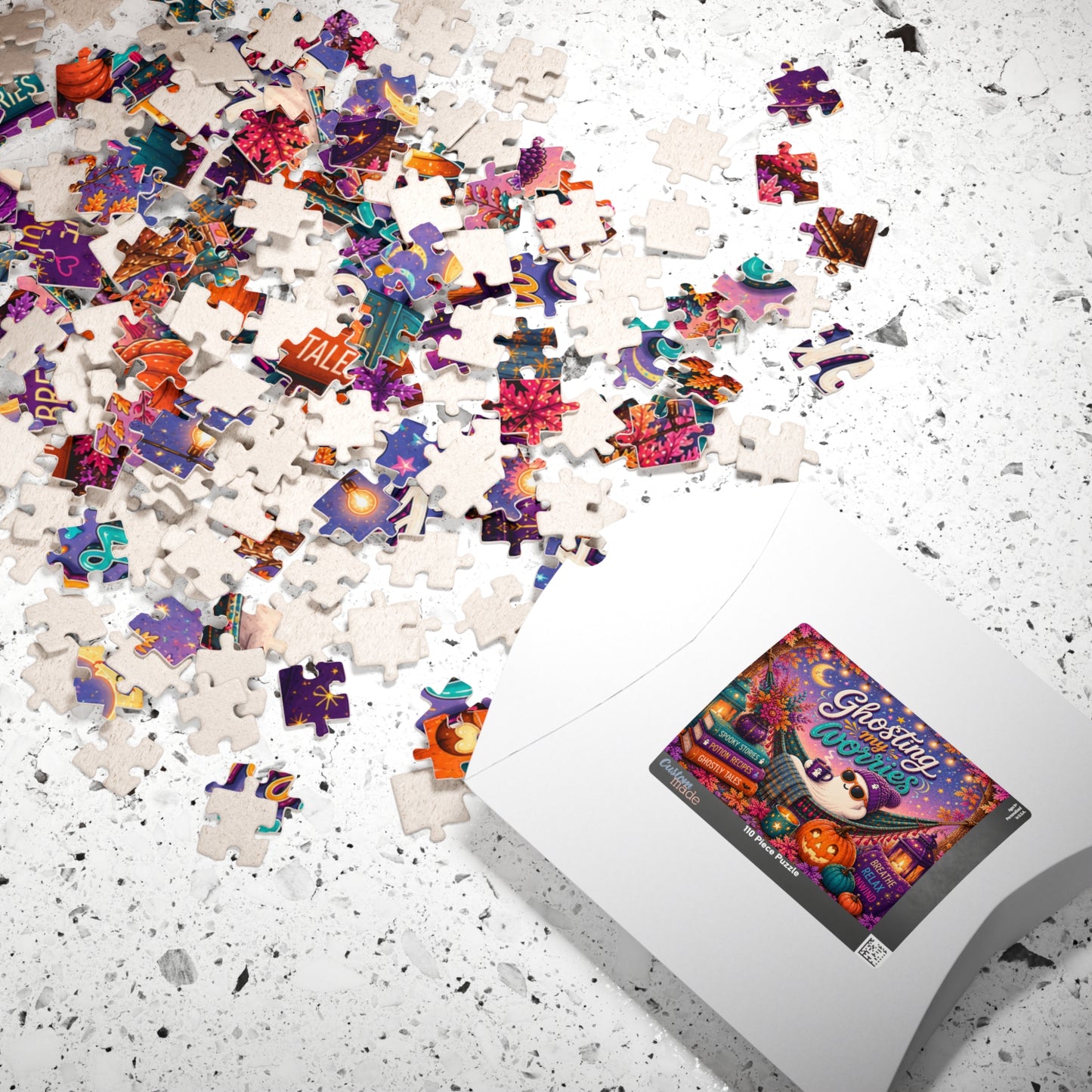 Ghosting My Worries Halloween Puzzle - Unbothered Ghost in Hammock with Breathe Relax Unwind Pillow