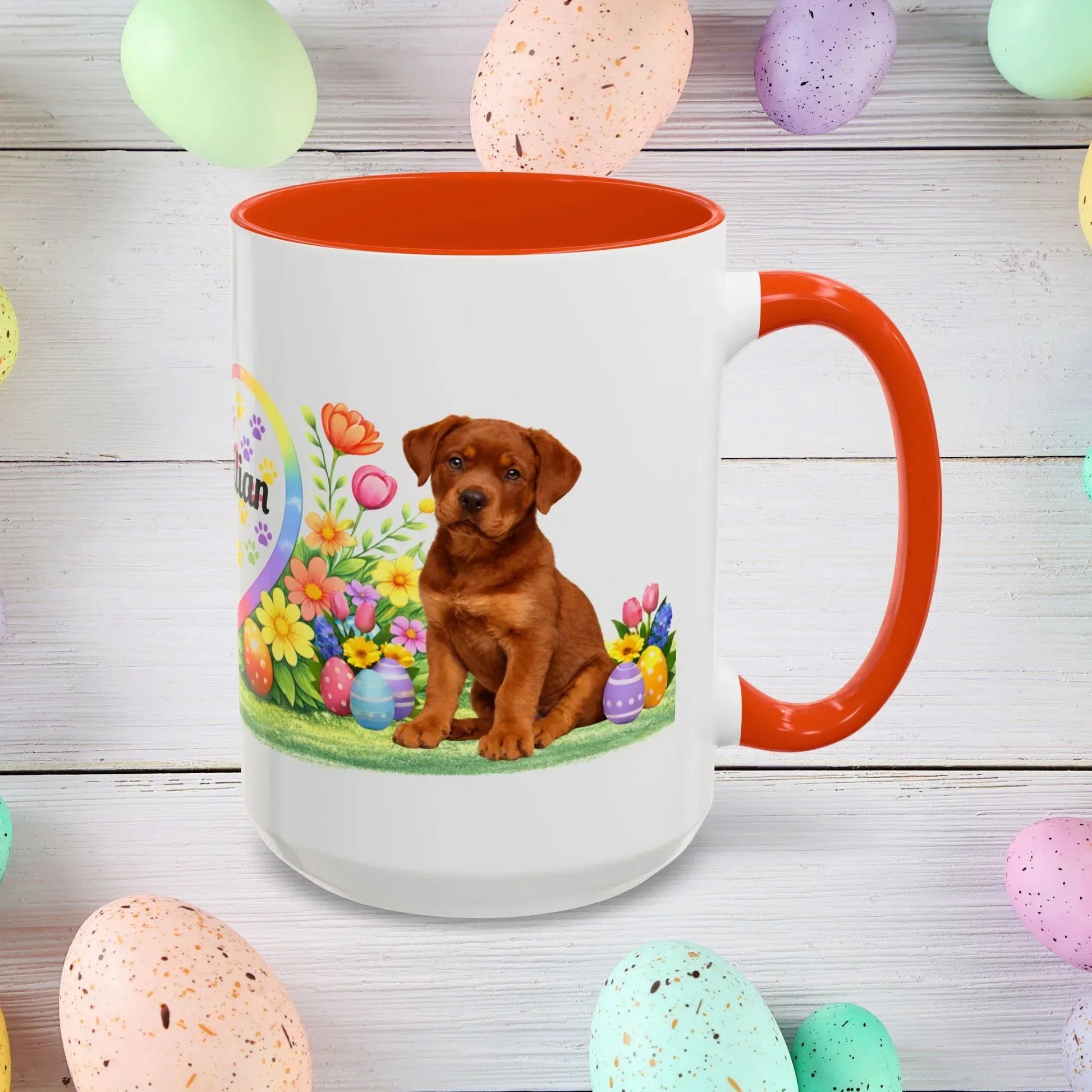 Shop our rottweiler red puppy easter mug featuring the 15oz style option from MySisterIsASurvivor.